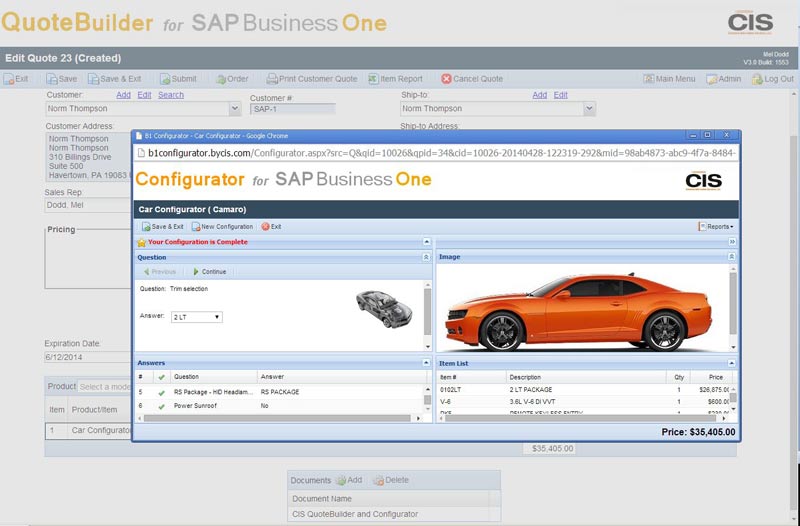 Consumers can generate quotes and orders 24/7 with the Configurator launched from CIS web QuoteBuilder with the order submitted to SAP Business One