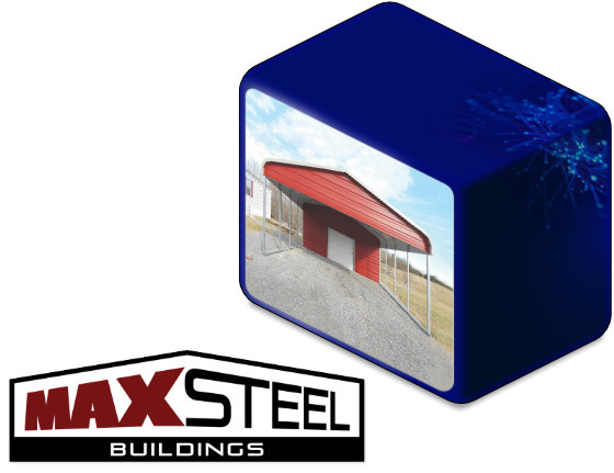 MaxSteel Buildings logo alongside one of their carport products